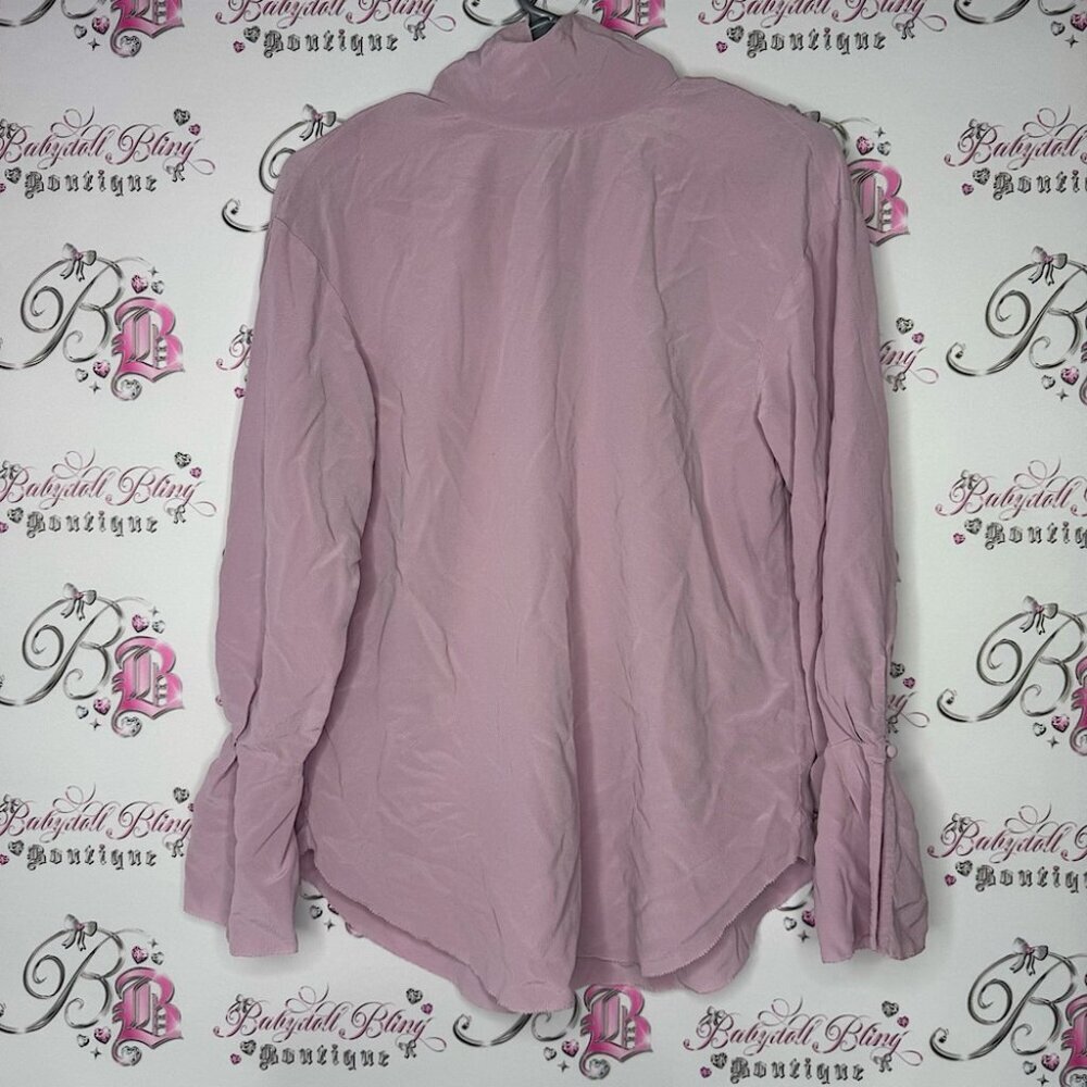 Wilfred le fou silk top purple pink ribbon tie up neckline bell bottom aritzia